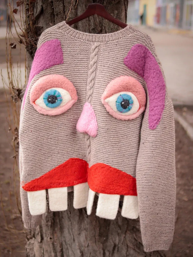 Women's Sweater Back Smiling Face Funny